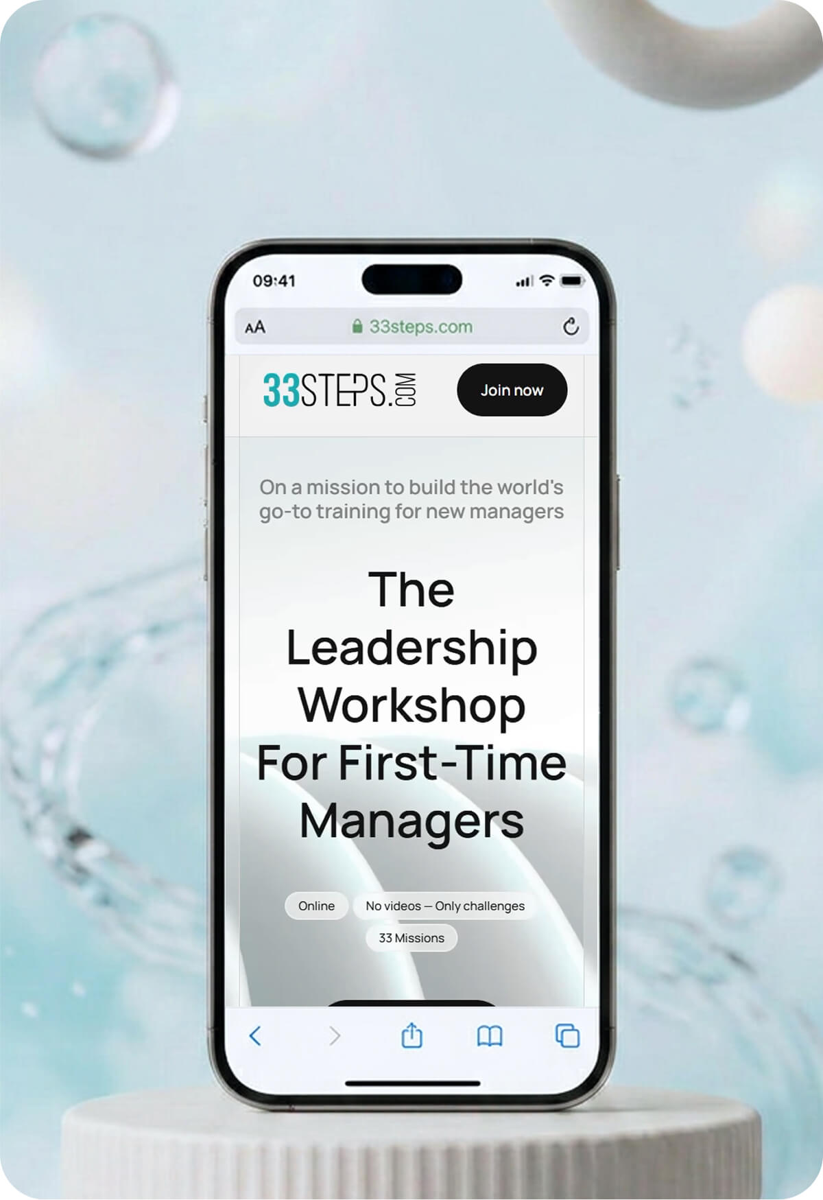 33steps workshop homepage on a phone