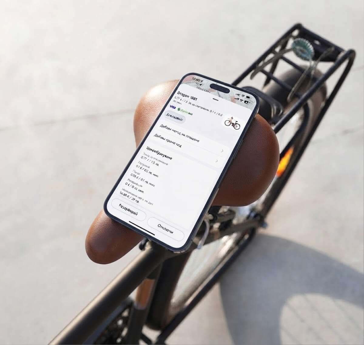Cyrcl app on a mobile screen showing bike details, on a bike seat
