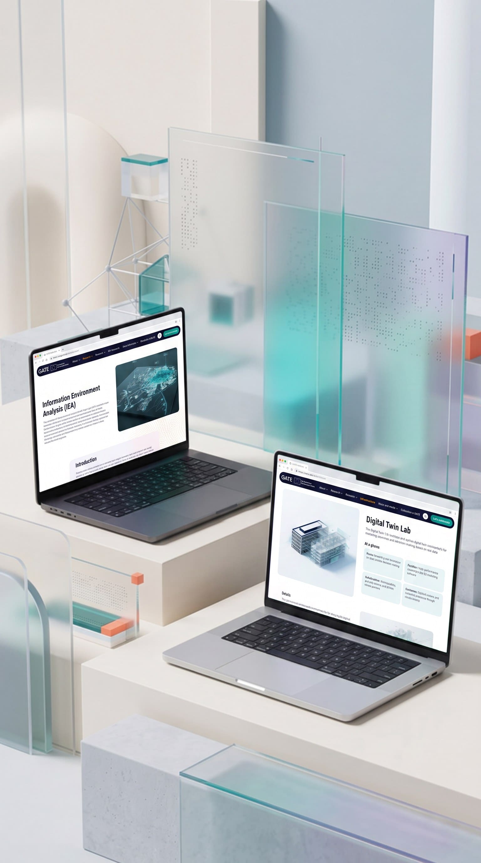 GATE Institute research pages on two laptops
