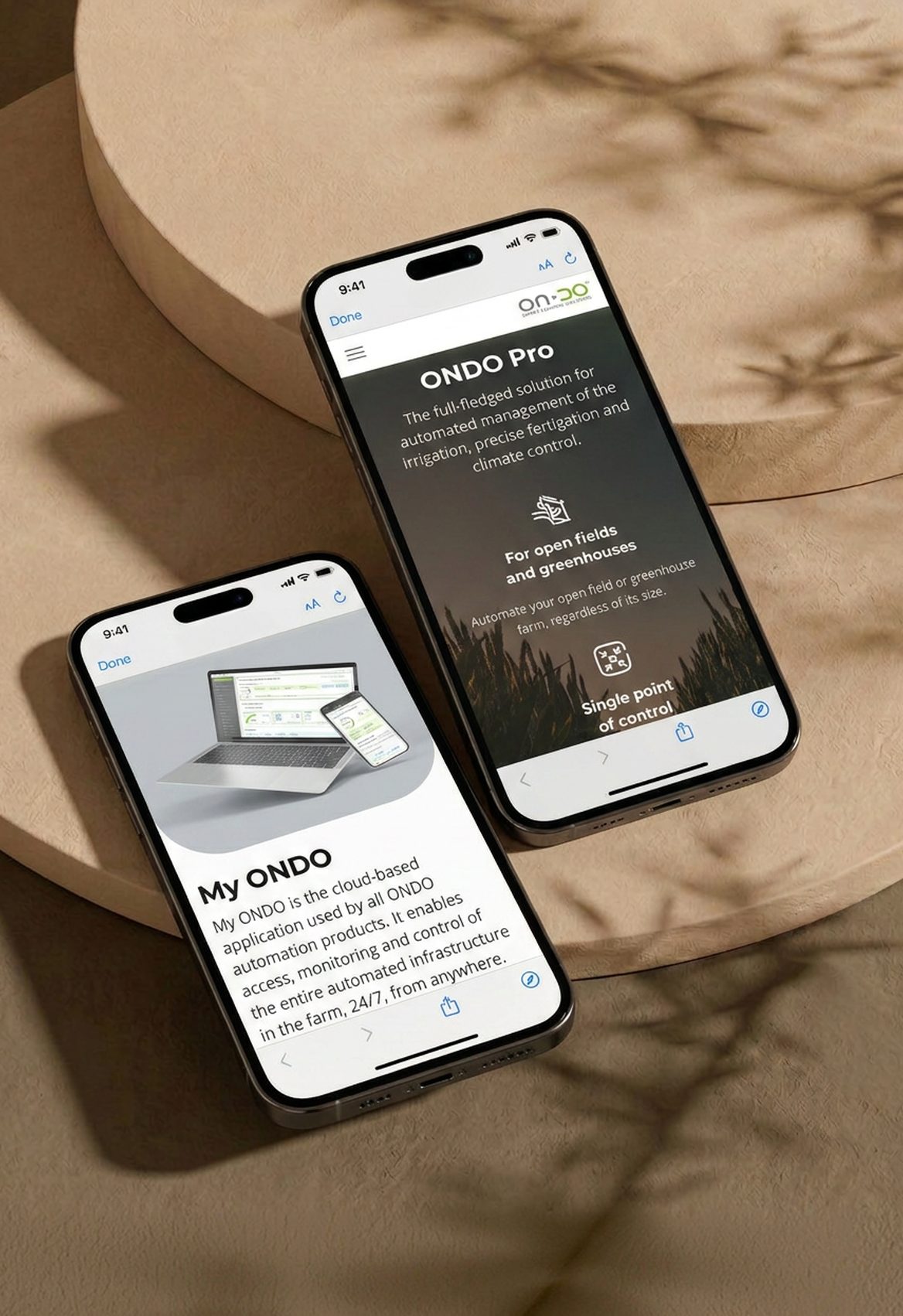ONDO mobile app screens on ceramic plinths