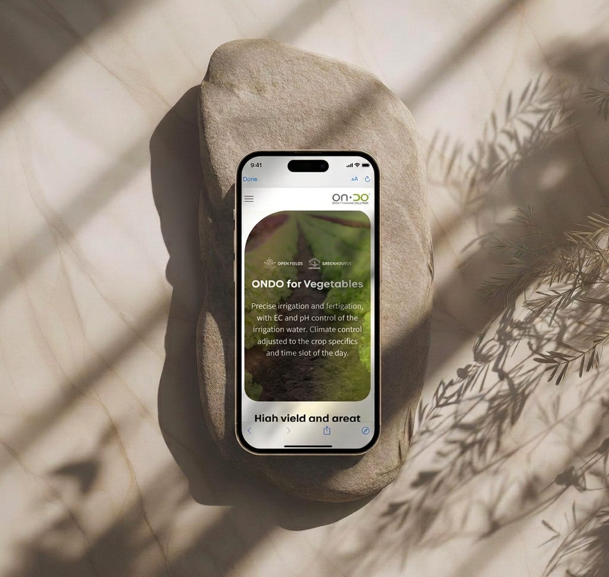ONDO vegetable product page on a phone resting on stone