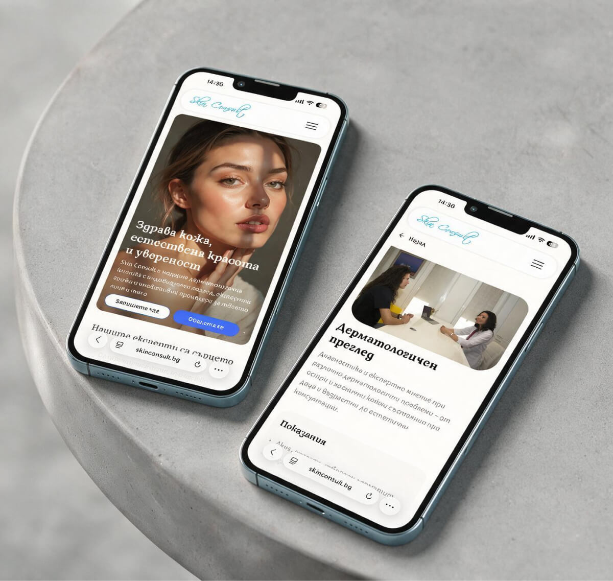Skin Consult mobile screens on a stone table